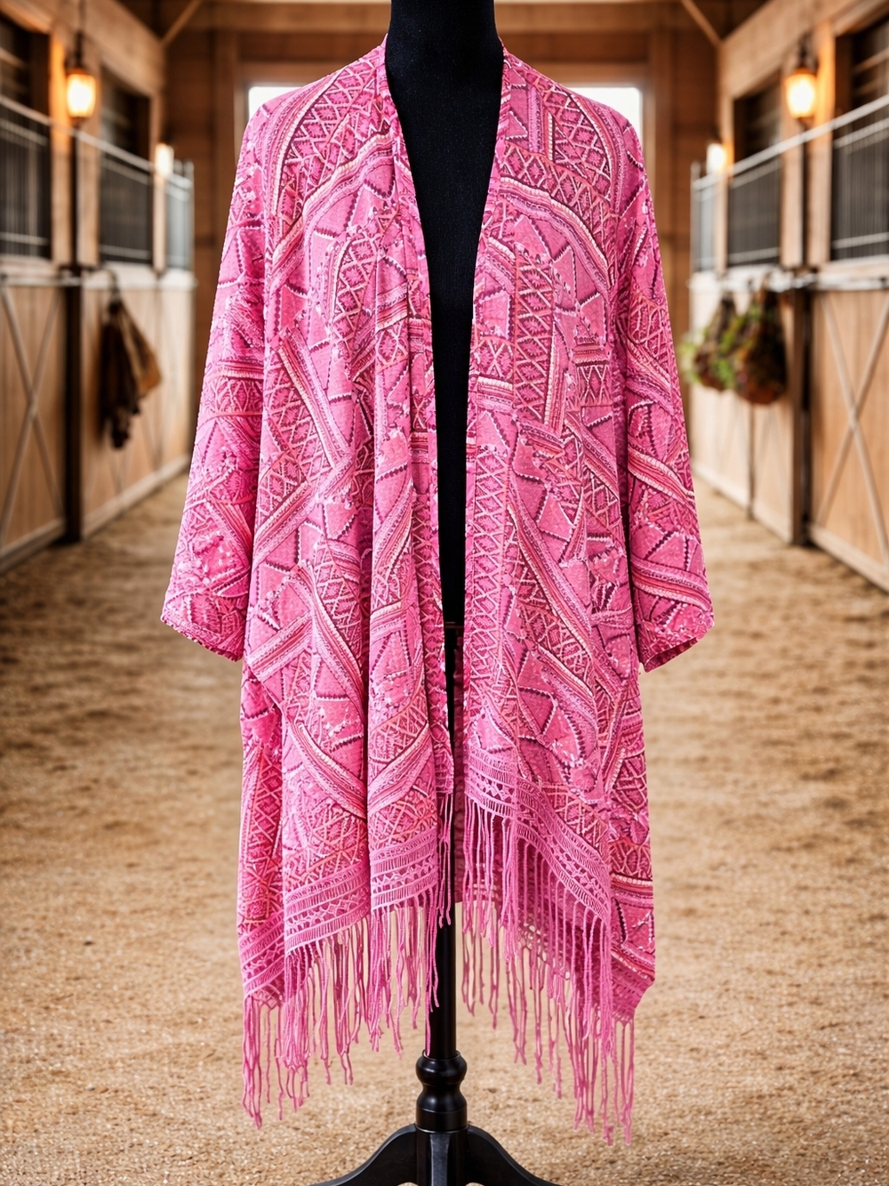 BIT & BRIDLED Boho Pink Sheer Kimono Fringe Hem One Size Fits Most Plus